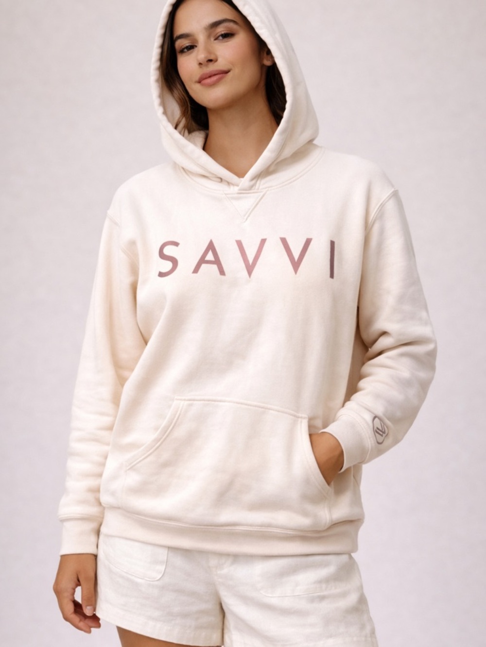 Savvi Empowerment Fleece Hoodie Yoga Small Cream Pink Cozy Preppy Activewear